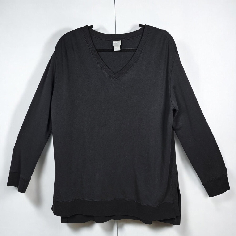 Chicos Zenergy Tunic Top Woman Size 2 (Large) Black V Neck Long Sleeve Side Slit